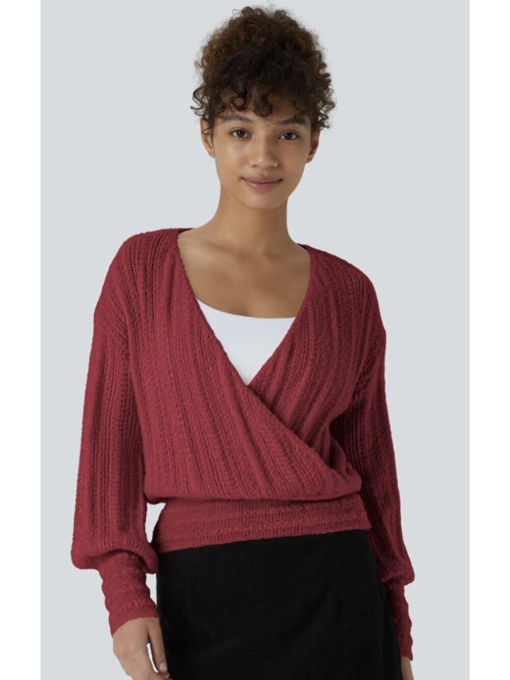 HALARA Sheer V Neck Long Sleeve Work Sweater-Front and Back Wearable Rose Bud